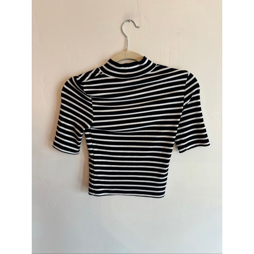 Maeve x Anthropologie Striped Mock Neck Tee Size XXS Black White Short Sleeve - Picture 6 of 6